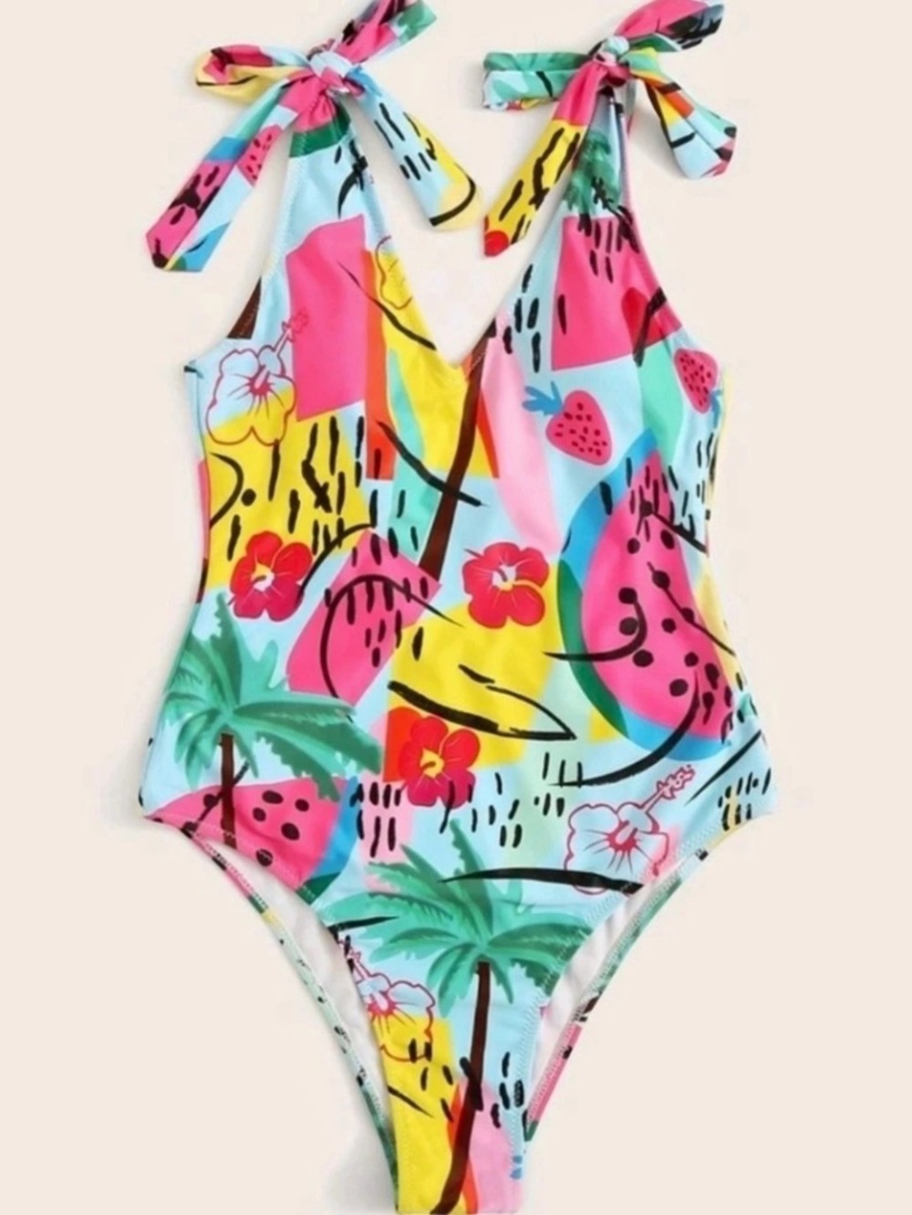 Tie Shoulder One Piece Swimsuit Multicolor & Pink Size M